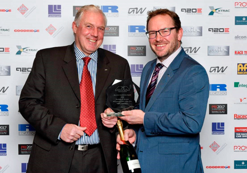 Chris Batty with Delta Motorsport Winner of Small Business of the Year 2017 MIA Motorsport Association - Lestercast Investment Casting Services